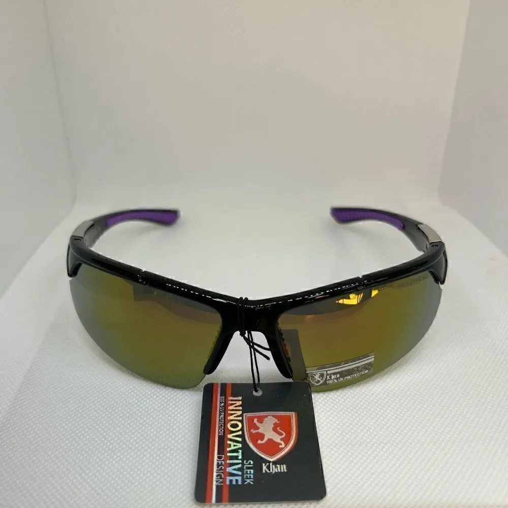 Khan Polarized Mirrored Mens Wrap Semi Rimless Sunglasses